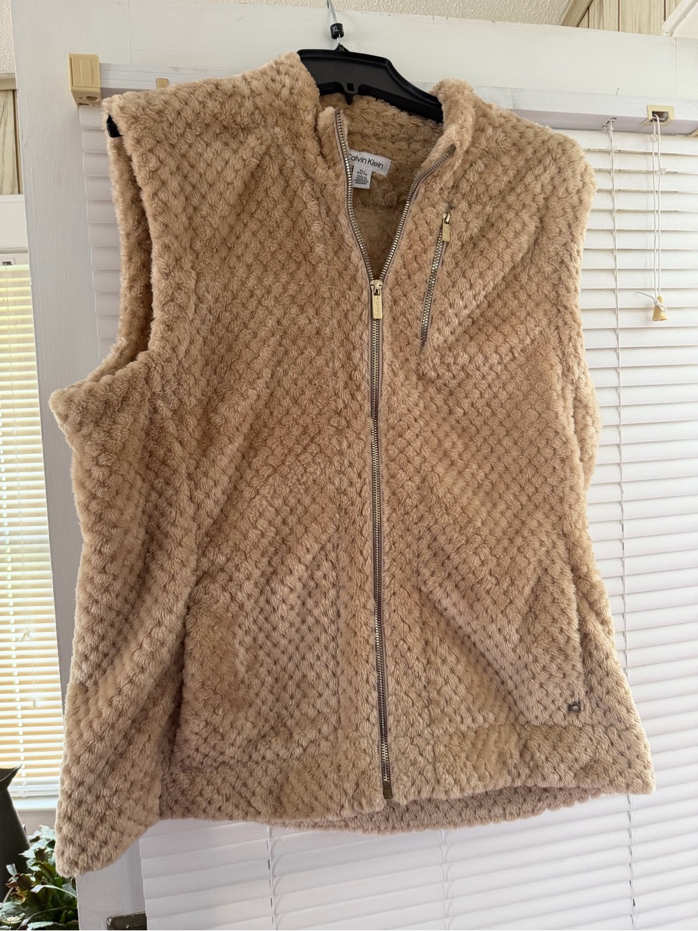 Calvin Klein Plush Faux-Fur Zip Vest in Tan
